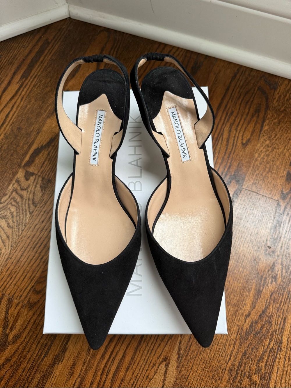 Manolo Blahnik Black Suede Pointed Slingback Heels